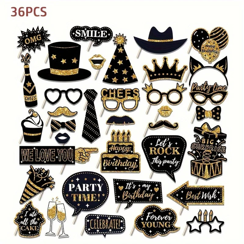 36pcs of Birthday Photo Booth Props Happy Birthday Props, Birthday Party Photo Decoration Props Set, Decoration Party