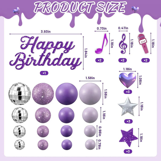 K-Pop Theme Cake Topper Kit: 3D Disco Balls, Heart, Stars & “Happy Birthday” – Ideal for Music Lovers