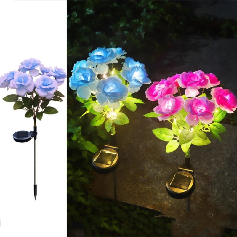 7-Head Solar-Powered LED Rose Lights Flower Garden Decor Outdoor Pathways Landscaping Light Lawn Decorative Atmosphere Lights