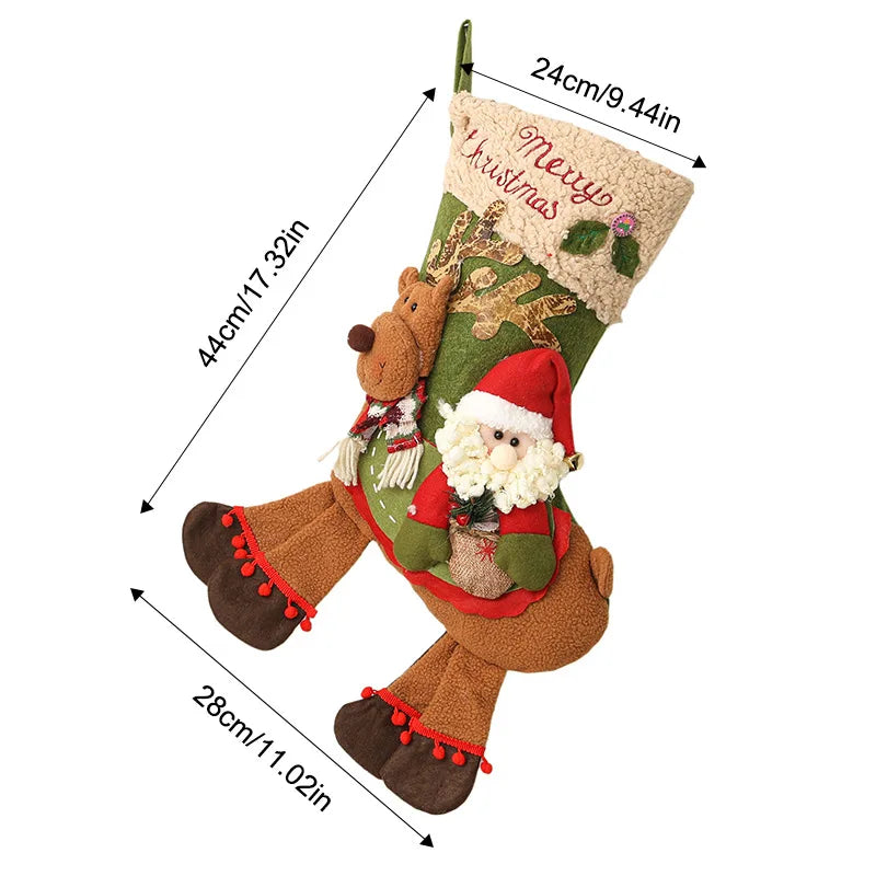 Plush Christmas Stocking — Reindeer & Santa Claus Design