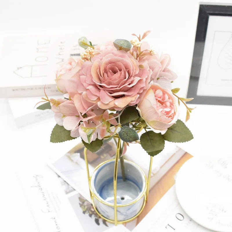 Artificial Rose Peony Bouquet High Quality Fake Flowers Festival Home Decor Diy Crafts Plants Arrangement Wedding Decora Bonsai