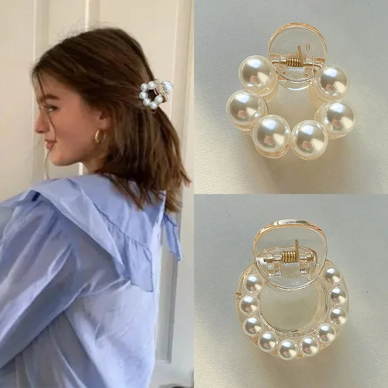 Women Sweet Mini Round Pearl Hair Claw Chic Barrettes Claw Crab Hairpins Styling  Hair Clips Fashion Girls Hair Accessories