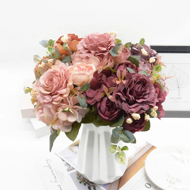 Artificial Rose Peony Bouquet High Quality Fake Flowers Festival Home Decor Diy Crafts Plants Arrangement Wedding Decora Bonsai