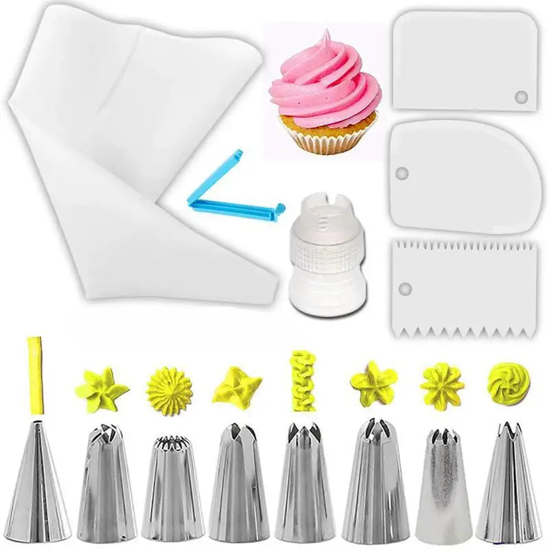 14pcs Cake Decorating Kit Piping Tips Silicone Pastry Icing Bags Nozzles Cream Scrapers Coupler Set DIY Cake Decorating Tools