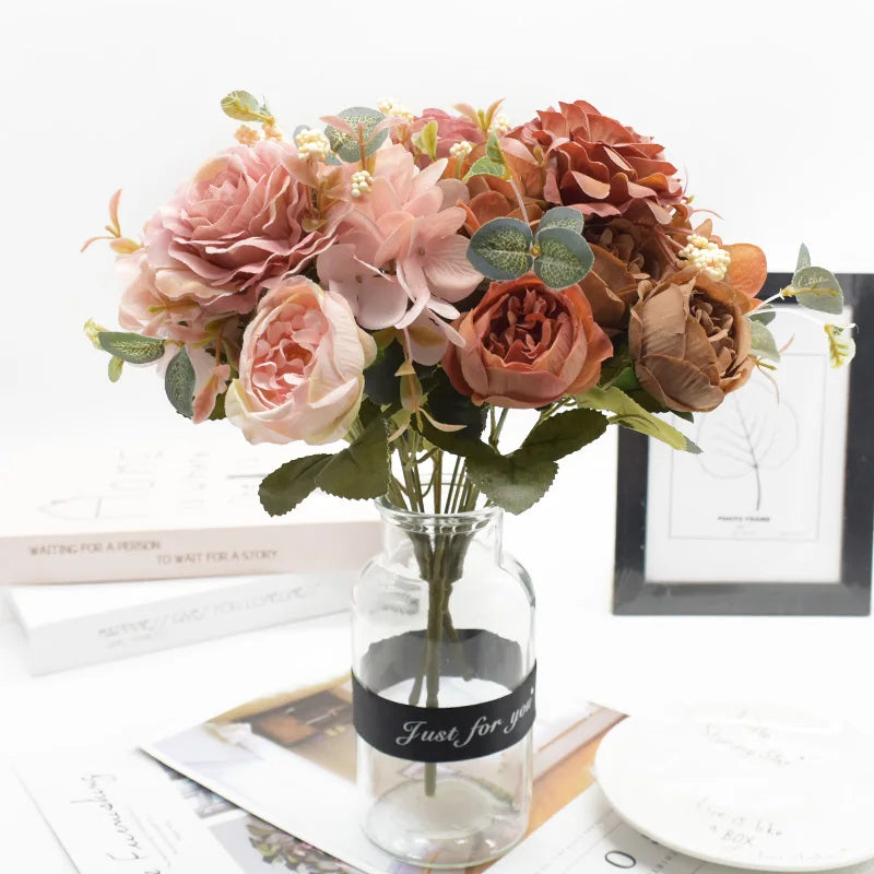 Artificial Rose Peony Bouquet High Quality Fake Flowers Festival Home Decor Diy Crafts Plants Arrangement Wedding Decora Bonsai