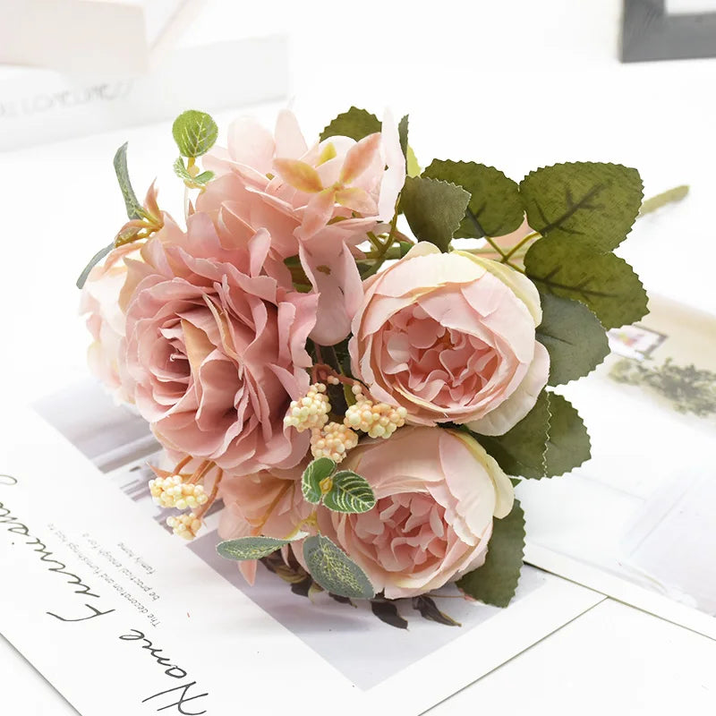 Artificial Rose Peony Bouquet High Quality Fake Flowers Festival Home Decor Diy Crafts Plants Arrangement Wedding Decora Bonsai
