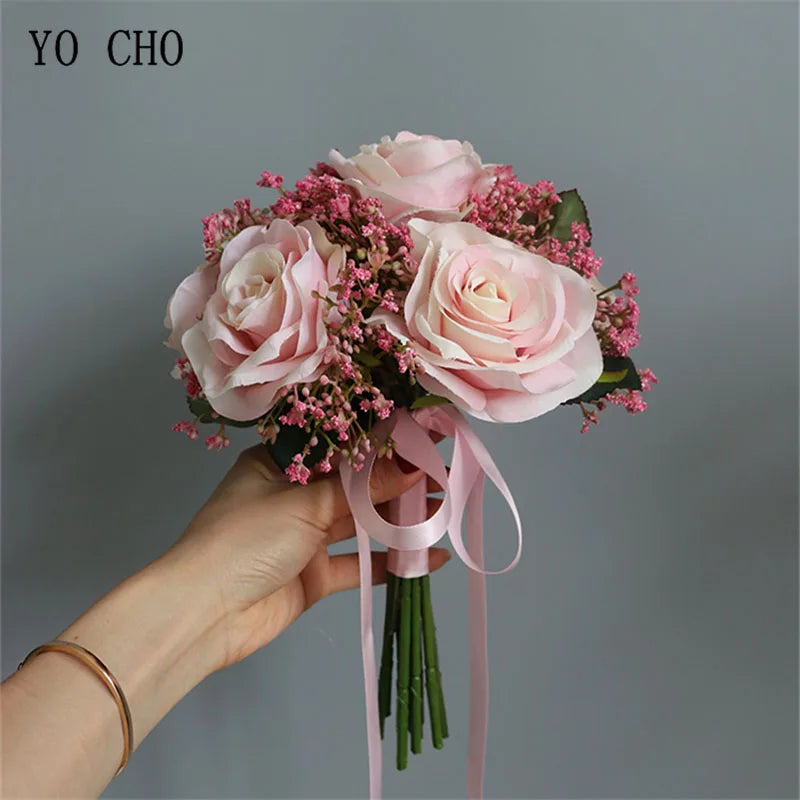 Artificial Roses Babysbreath Flowers Bouquet Silk Gypsophila Fake Flowers Wedding DIY Home Table Vase Decoration Faux Flores