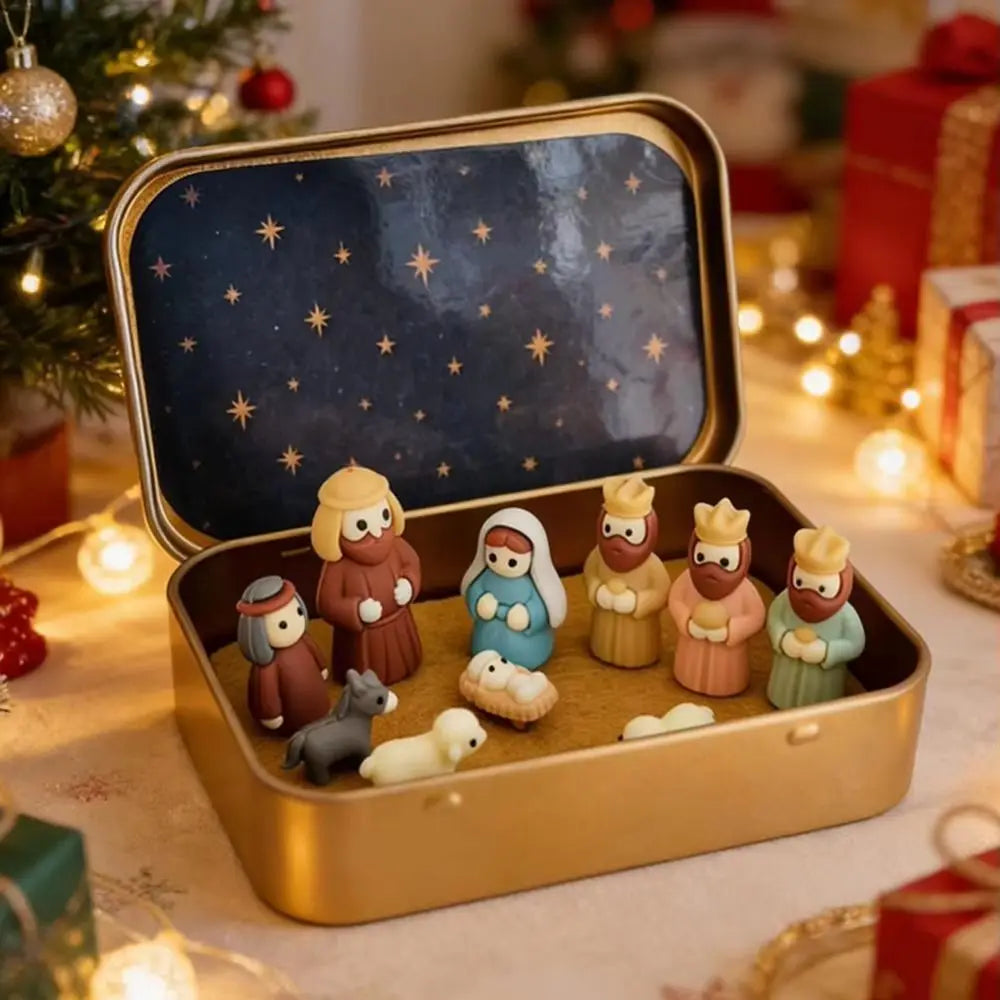 PVC Christmas Nativity Set Mini Size Horse Trough Design Nativity Figurine Set Tin Box Packaging Miniature Scene Figurine