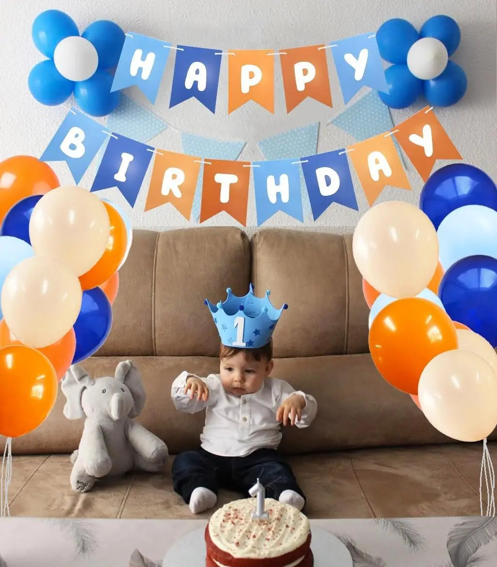 Blue and Orange Happy Birthday Banner Children's Celebration Bunting Banner Blue Orange Birthday Party Decoration Cartoon Theme