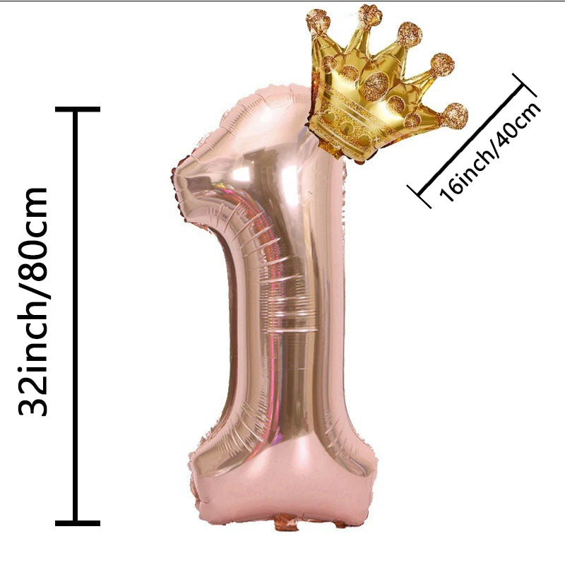 32Inch Rose Gold Crown Number Foil Balloons - Princess Birthday Party Decorations for Wedding Xmas Anniversary Celebration (