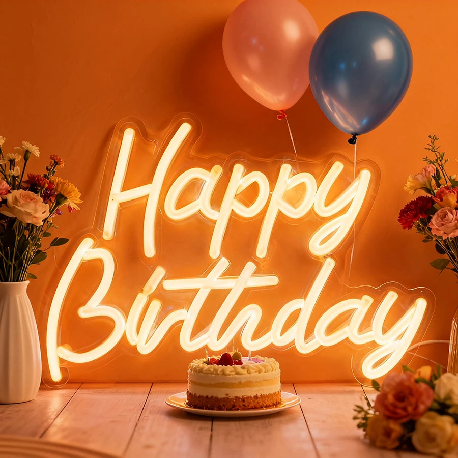 Happy Birthday Neon Sign for Wall Decor, USB Powered LED Neon Sign with Switch, Ideal for All Ages Home Party Decor