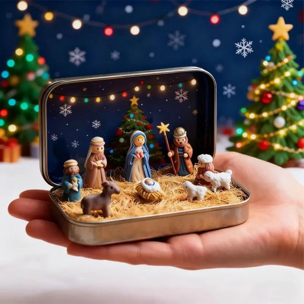 PVC Christmas Nativity Set Mini Size Horse Trough Design Nativity Figurine Set Tin Box Packaging Miniature Scene Figurine