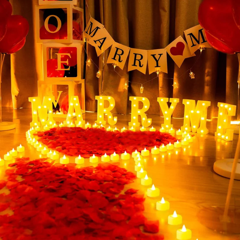 Proposal Decorations Kit Marry Me Light Up Letters 2000 Rose Petals 24 Flameless Candles for Valentine Day Proposal  Engagement
