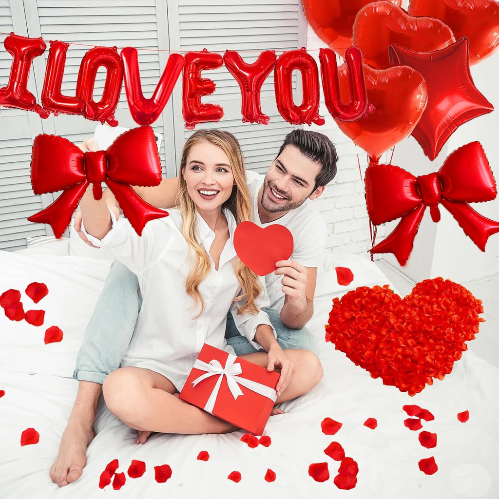 57 Pcs I LOVE YOU Balloon Set with Red Bow Star Aluminum Balloon Valentine's Day Wedding Anniversary Birthday Party Decoration