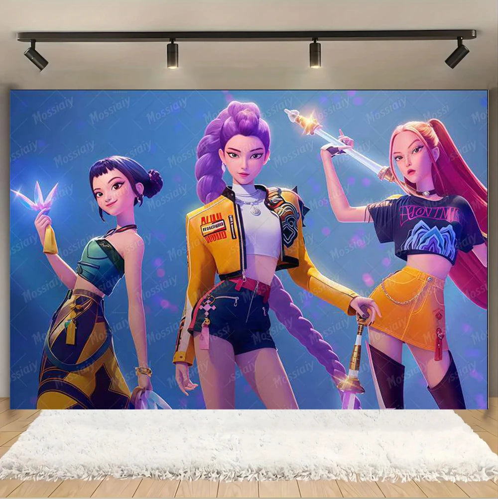 Kpop Theme Girl's Birthday Party Decoration Backdrop Pink Demons Kids Birthday Party Supplies Decor Banner Background Photo Prop