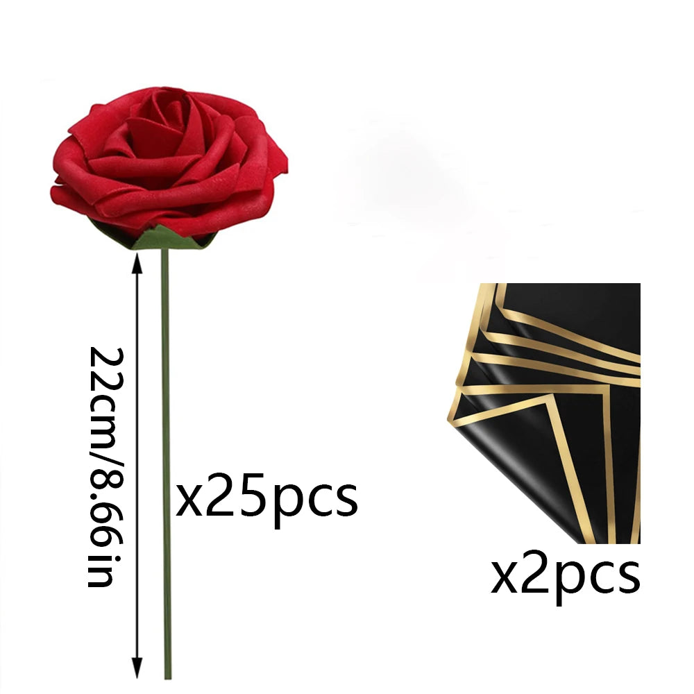 Red Rose Artificial Flowers DIY Bouquets 25PCS Set PE Roses Fake Flower for Wedding Party Centerpieces Decor Valentines Gifts