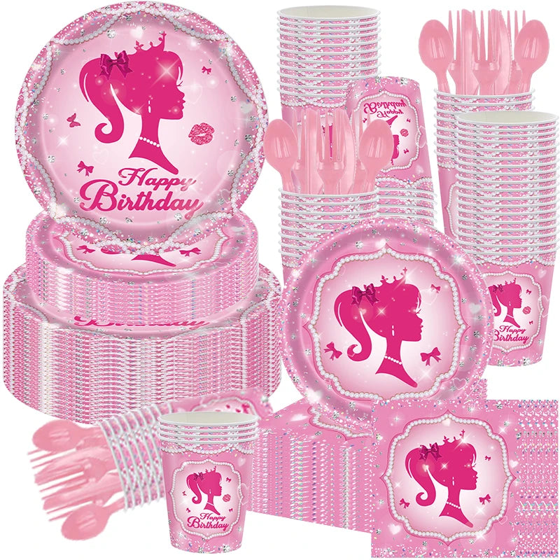 New Princess Birthday Party Decoration Tableware Pink Princess Theme Plates Cups Napkins Ballon Girl Birthday Party Supplies kit