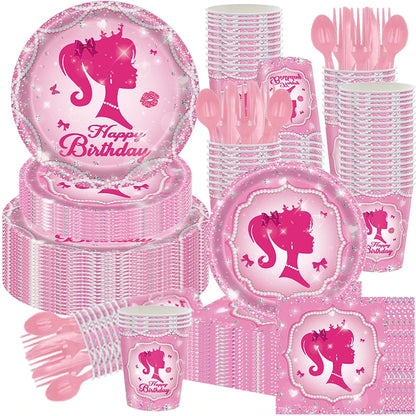 New Princess Birthday Party Decoration Tableware Pink Princess Theme Plates Cups Napkins Ballon Girl Birthday Party Supplies kit