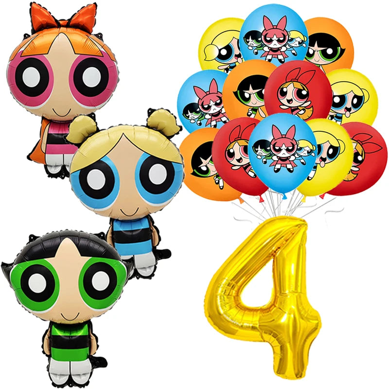 Cartoon Powerpuff Girls 1-9th Birthday Party Balloon Decoration Kit Number Foil Balloon Cake Topper Baby Shower Favors Globos
