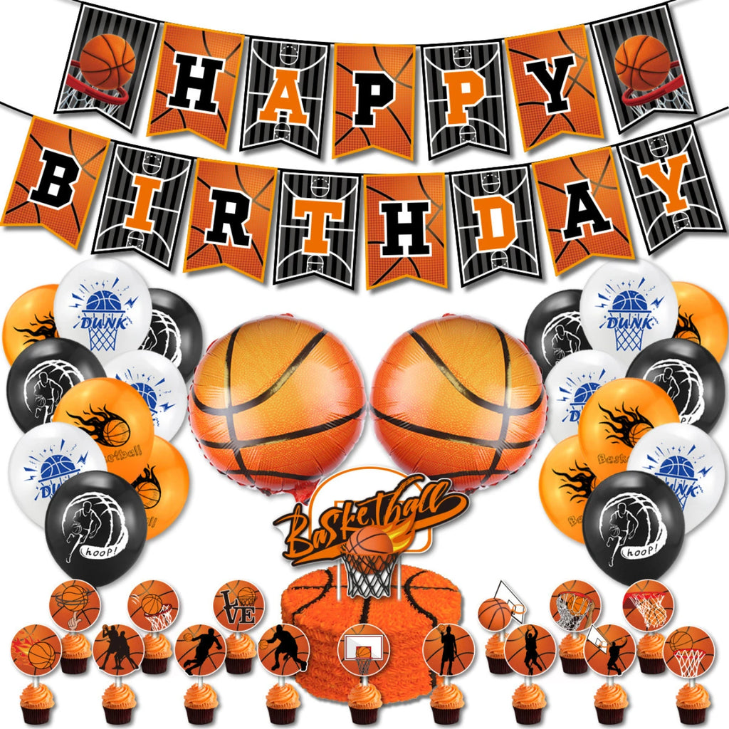 Basketball Theme Birthday Party Decorations Set Banner Balloons Cake Toppers Ribbons for Kids Boys Sports Party Supplies