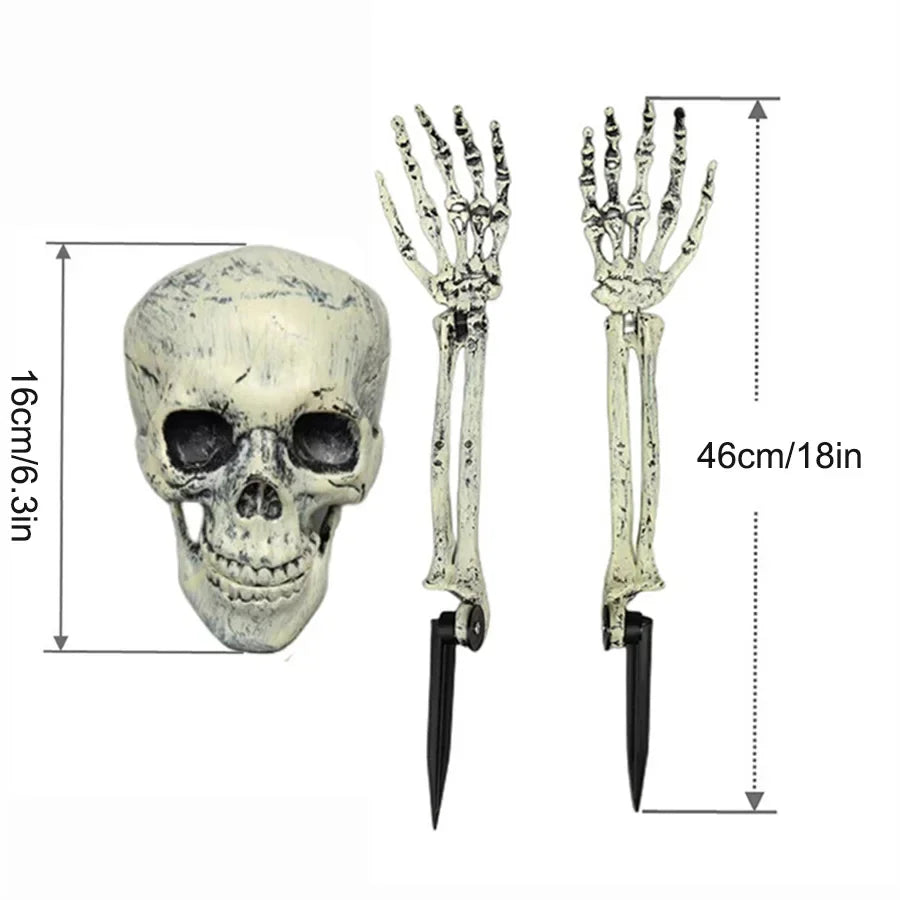 Halloween Decor Skeleton Head Outdoor Scary Props Realistic Skull Hands Yard Prank Festivals Party Supplies Garden Decorations