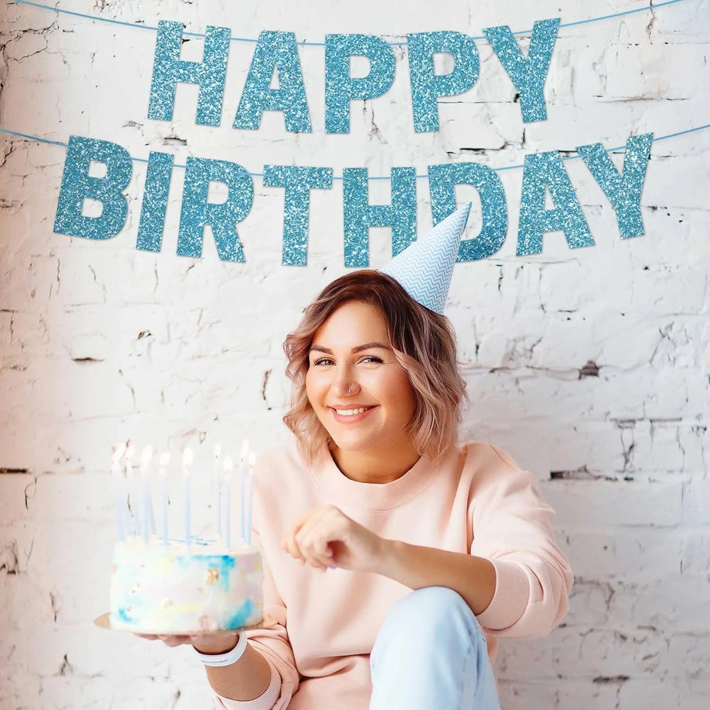 Happy Birthday Banner Glitter Blue Happy Birthday Banner for Birthday Decoration, Party Supplies