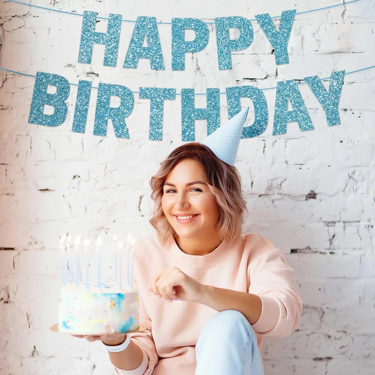 Happy Birthday Banner Glitter Blue Happy Birthday Banner for Birthday Decoration, Party Supplies