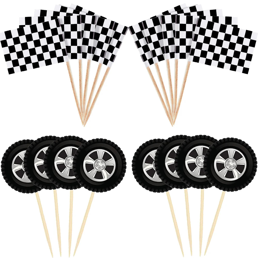 Racing Car Tire & Checkered Flag Cupcake Toppers