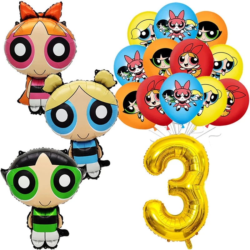 Cartoon Powerpuff Girls 1-9th Birthday Party Balloon Decoration Kit Number Foil Balloon Cake Topper Baby Shower Favors Globos