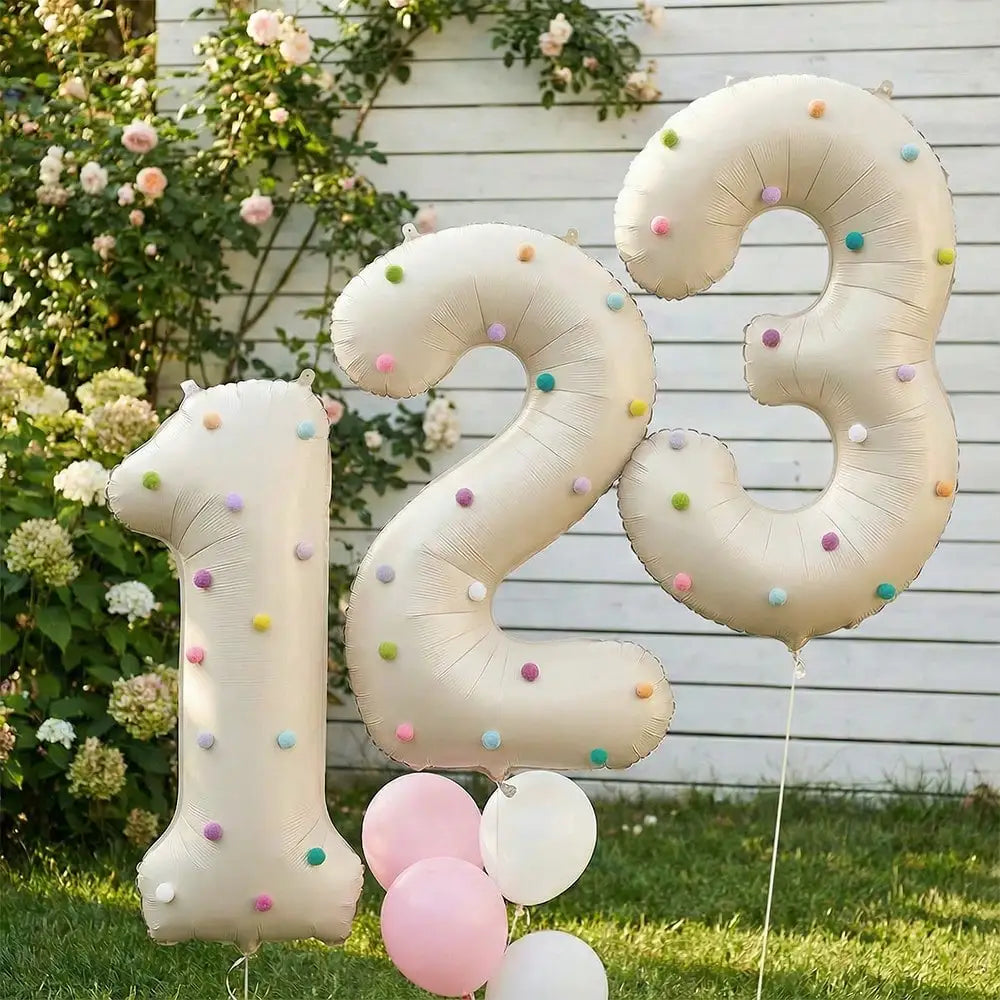 32 Inch Aluminum Foil Balloons, Milky White Numbers 0-9 for Birthday Party Decoration, 20 Plush Balls for Celebrating Birthdays