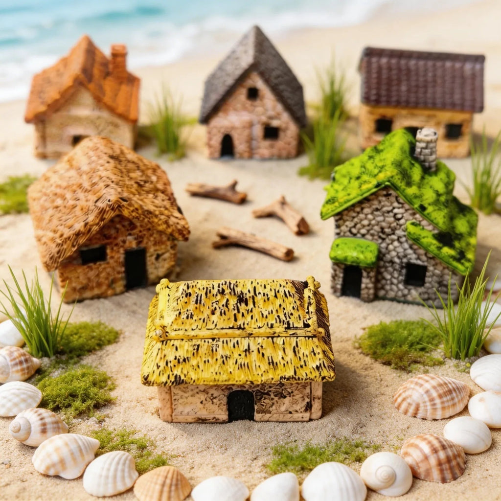 6Pcs Miniature Retro Village Thatched House Figurines, Mini Resin Cottage Ornaments for  Miniature Garden, Minihouse