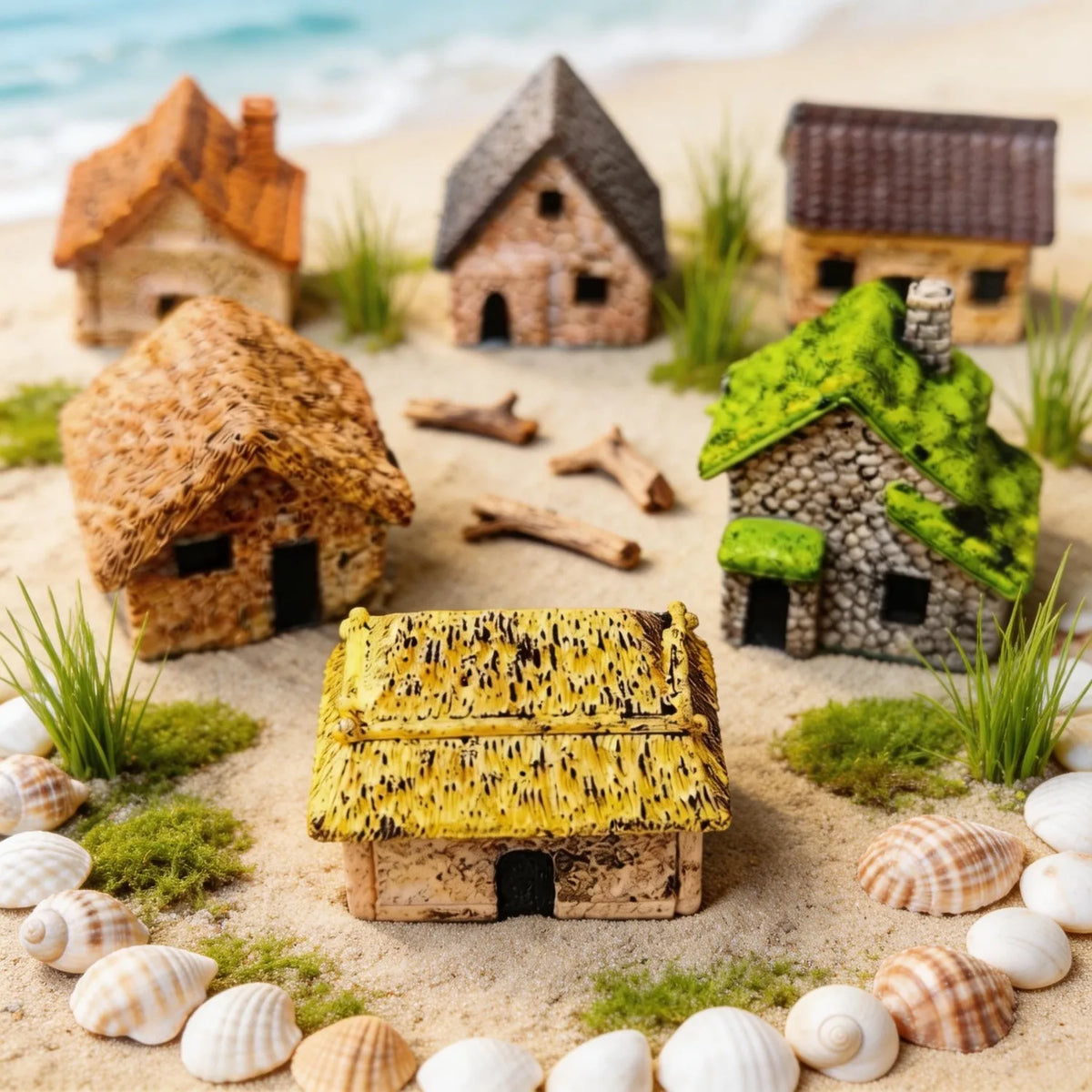 6Pcs Miniature Retro Village Thatched House Figurines, Mini Resin Cottage Ornaments for  Miniature Garden, Minihouse