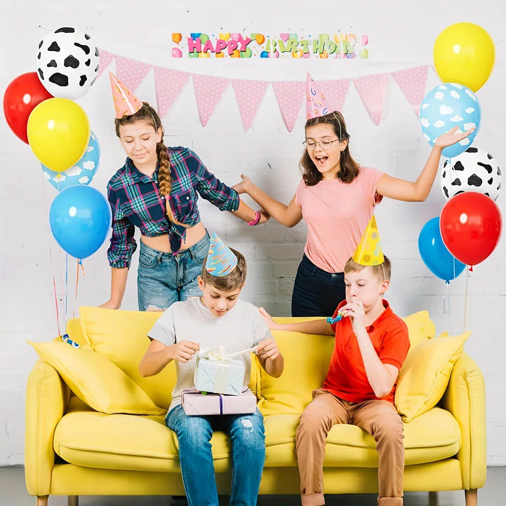 1set Story Balloon Yellow Blue Red Balloon Kit Boys' Birthday Shower Decoration Theme Cloud Cow Printing Balloon Party Supplies
