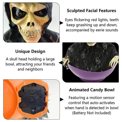 Skeleton Hand Candy Bowl with Light Up Red Eyes Spooky Sound Effects