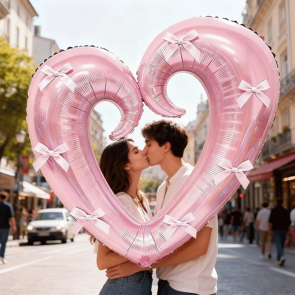 40inch Giant Heart-Shaped Foil Balloon with Pink Bows Multi-Colored for Valentine's Day Wedding Birthday Party Decor Photo Props