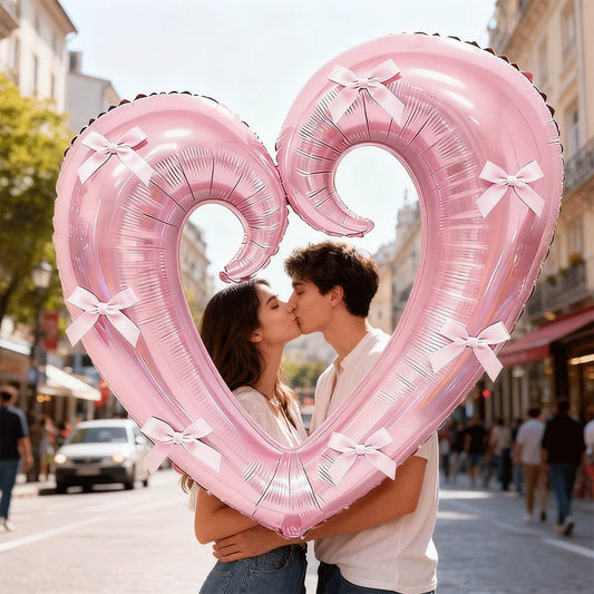 40inch Giant Heart-Shaped Foil Balloon with Pink Bows Multi-Colored for Valentine's Day Wedding Birthday Party Decor Photo Props
