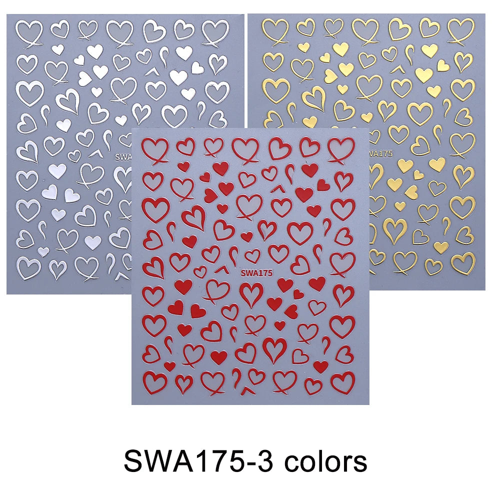 3pcs Valentine's Day Nail Art Stickers 3D Black White Pink Lines Love Heart Nail Decals DIY Adhesive Slider Manicure Decorations