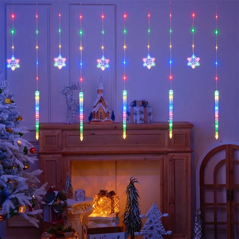 LED Christmas Icicle Snowflake Curtain Lights Indoor & Outdoor, USB Supply + Remote Control, 8 Light Modes, Easy Plug-and-Play