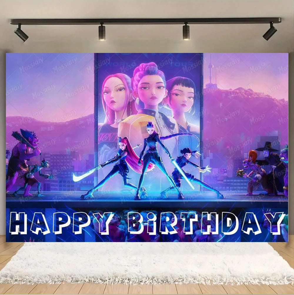 Kpop Theme Girl's Birthday Party Decoration Backdrop Pink Demons Kids Birthday Party Supplies Decor Banner Background Photo Prop