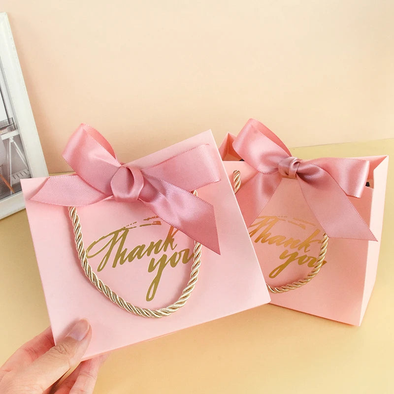 20/30/50pcs Thank You Gift Bags Reusable Paper Party Bags with Handles Gold Bow Ribbon Mini Pink Party Favor Bags for Birthday