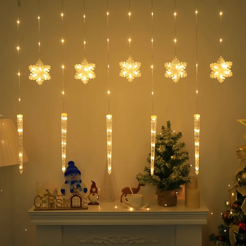 LED Christmas Icicle Snowflake Curtain Lights Indoor & Outdoor, USB Supply + Remote Control, 8 Light Modes, Easy Plug-and-Play
