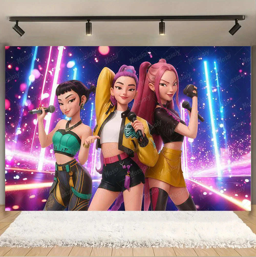 Kpop Theme Girl's Birthday Party Decoration Backdrop Pink Demons Kids Birthday Party Supplies Decor Banner Background Photo Prop