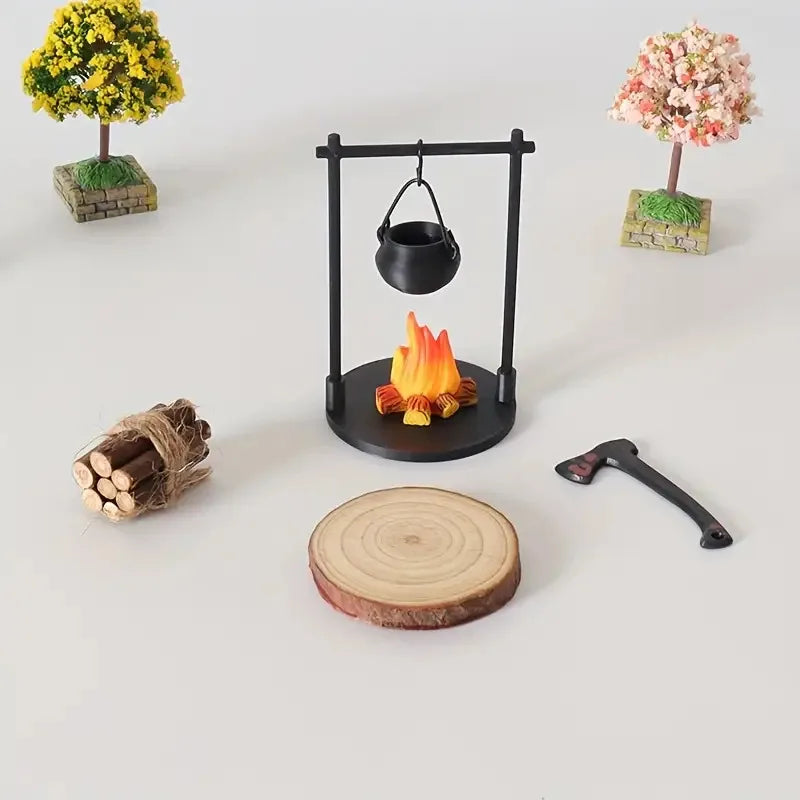 Mini Campfire and Teapot Miniature Statue Ornament Home Kitchen DIY Craft Accessories Desktop Photo Props Decor Christmas Gifts