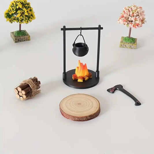 Mini Campfire and Teapot Miniature Statue Ornament