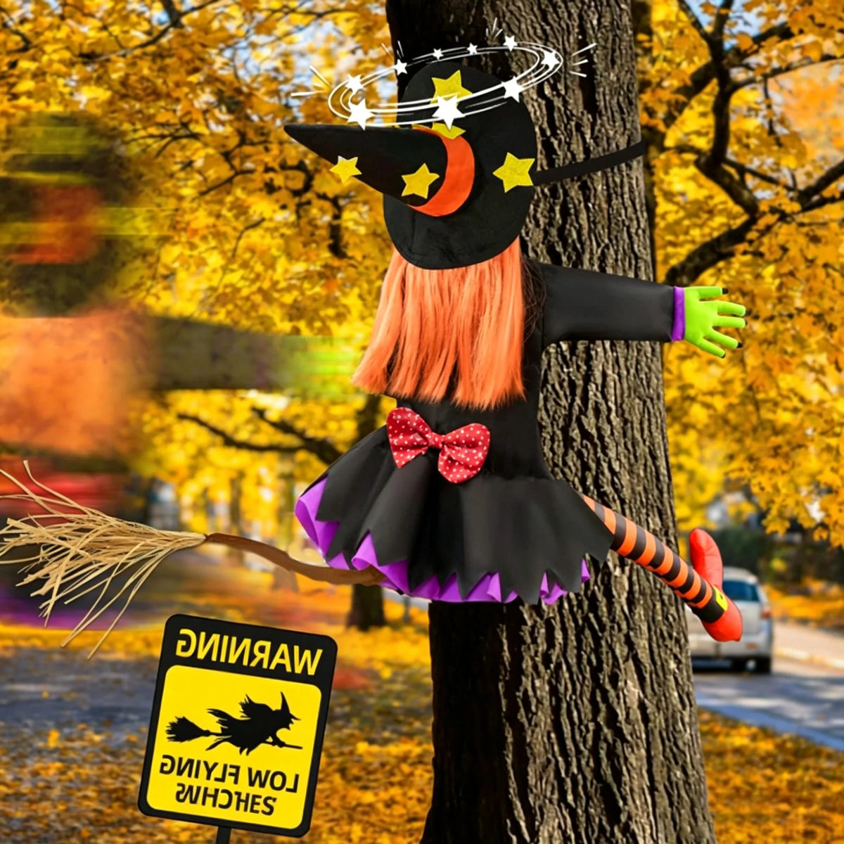 Halloween Crashing Into Tree Witch Doll Decoration Funny Outdoor Yard Garden Decor Halloween Party Holiday Scene Decor Supplies