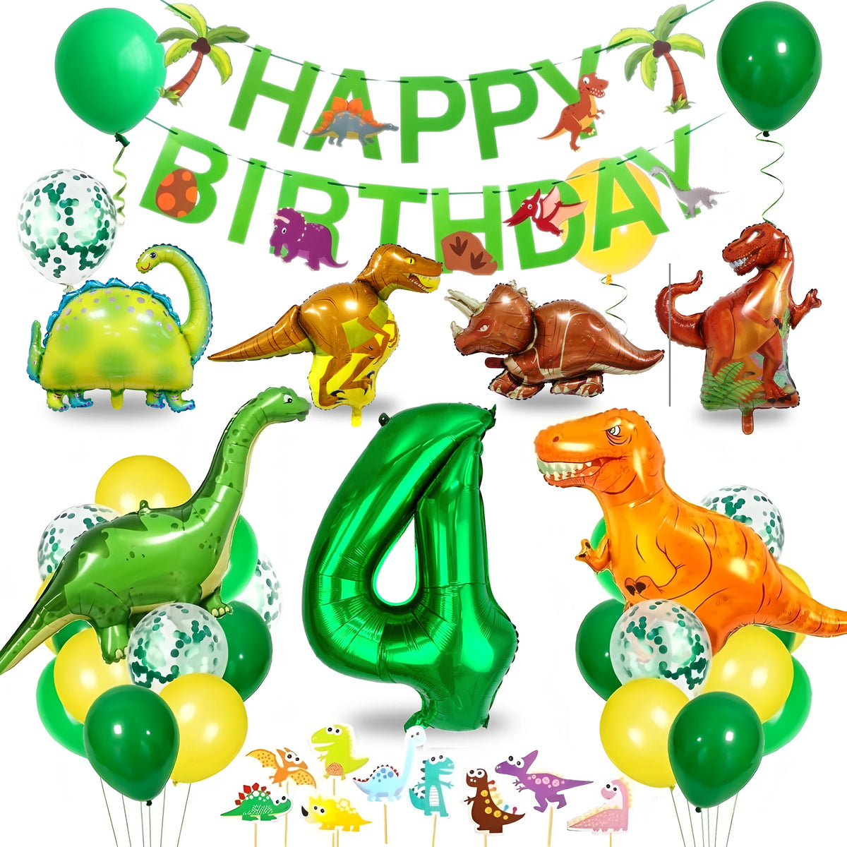 Dinosaur Birthday Party Supplies for Kids Age 2-6, Foil Balloons Set with Banner, Cake Topper, Decorations Kit (Boys & Girls)