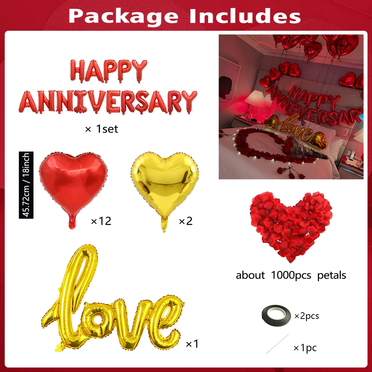 Happy Anniversary Decoration, Red Heart Balloon, Happy Anniversary Banner, Rose Petals, Wedding, Valentine's Day Romance
