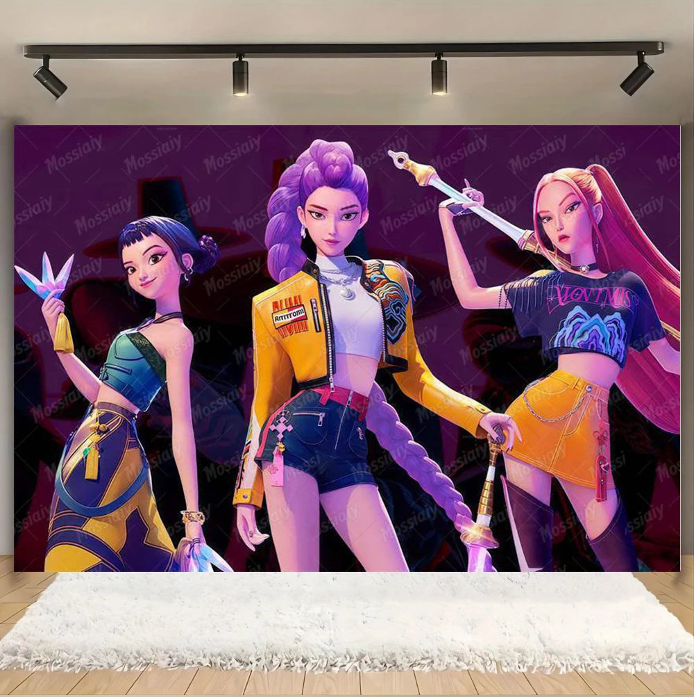 Kpop Theme Girl's Birthday Party Decoration Backdrop Pink Demons Kids Birthday Party Supplies Decor Banner Background Photo Prop