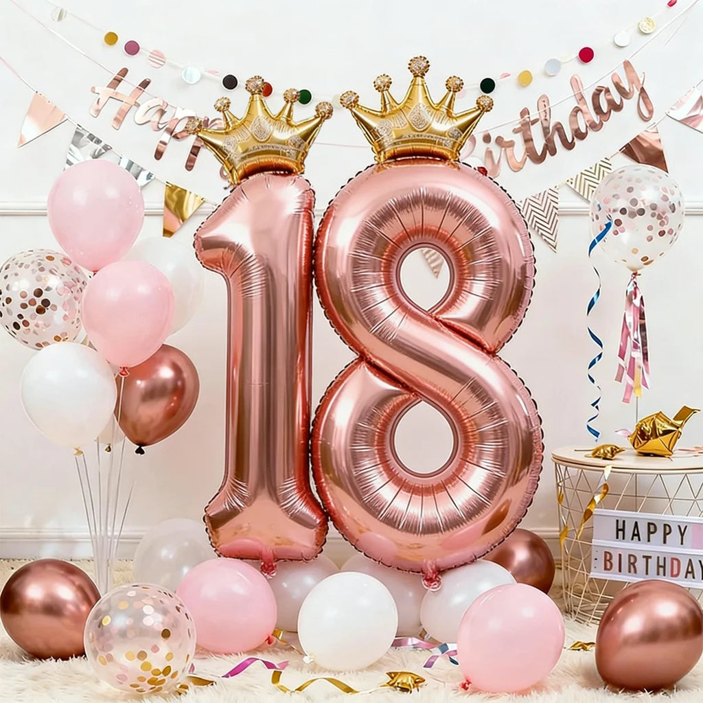 32Inch Rose Gold Crown Number Foil Balloons - Princess Birthday Party Decorations for Wedding Xmas Anniversary Celebration (