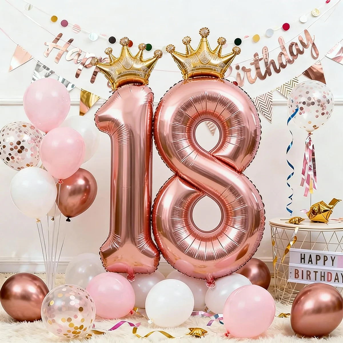 32Inch Rose Gold Crown Number Foil Balloons - Princess Birthday Party Decorations for Wedding Xmas Anniversary Celebration (